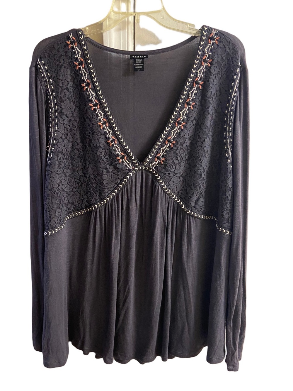 Torrid Charcoal Grey Embroidered Lace Inset V-Neck Long Sleeve Babydoll Top 2X